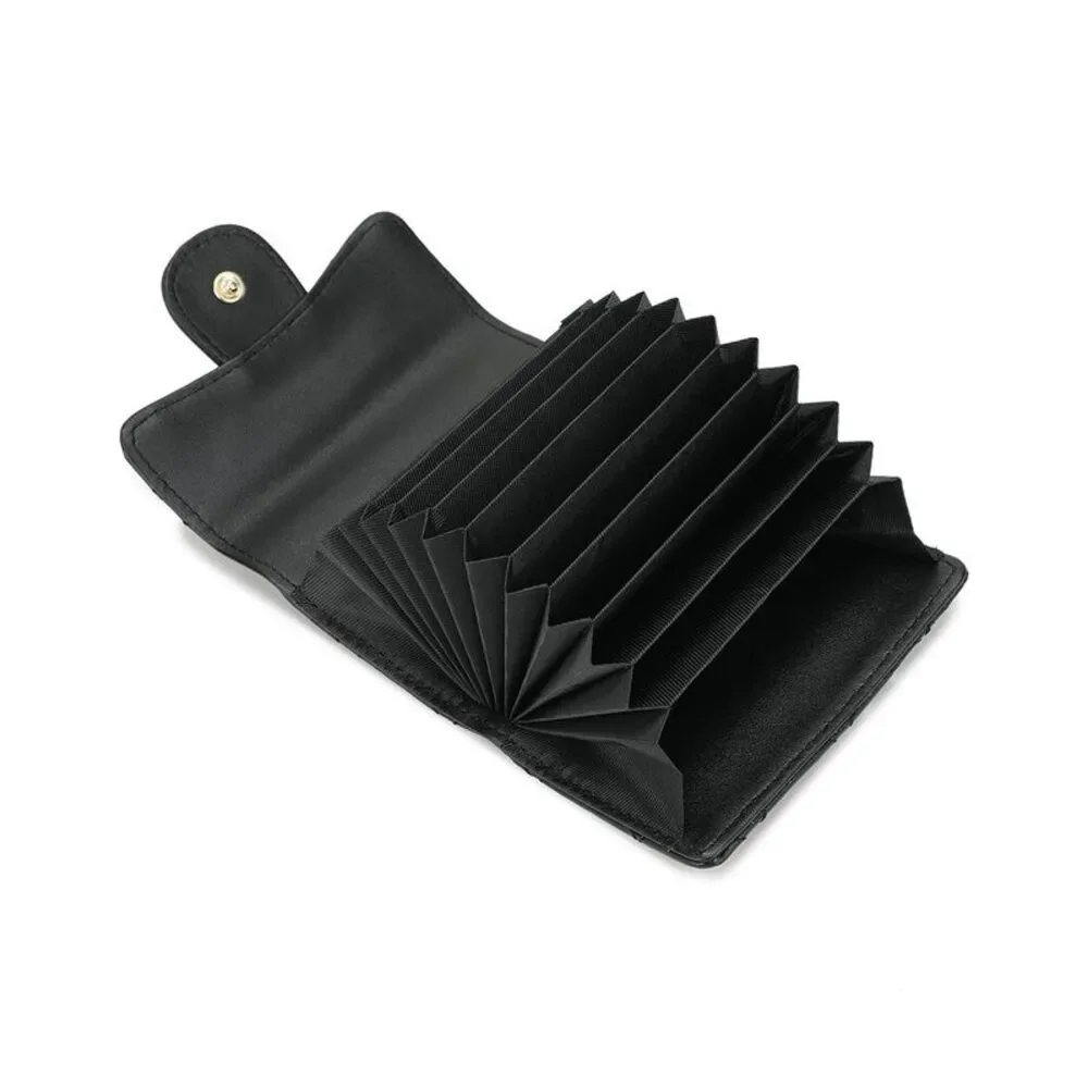 Quilted Black Leather Compact Wallet with Floral Snap